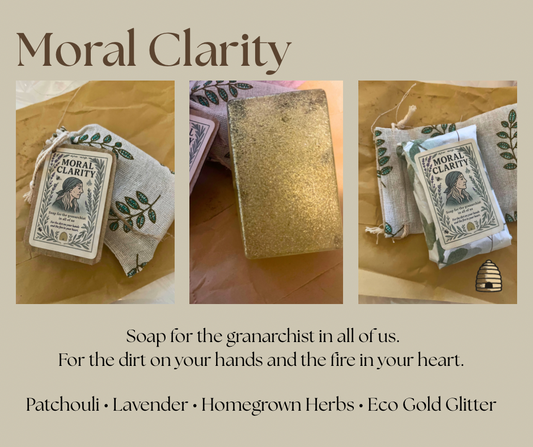 Collage of soap packaging with text about 'Moral Clarity' soap.
