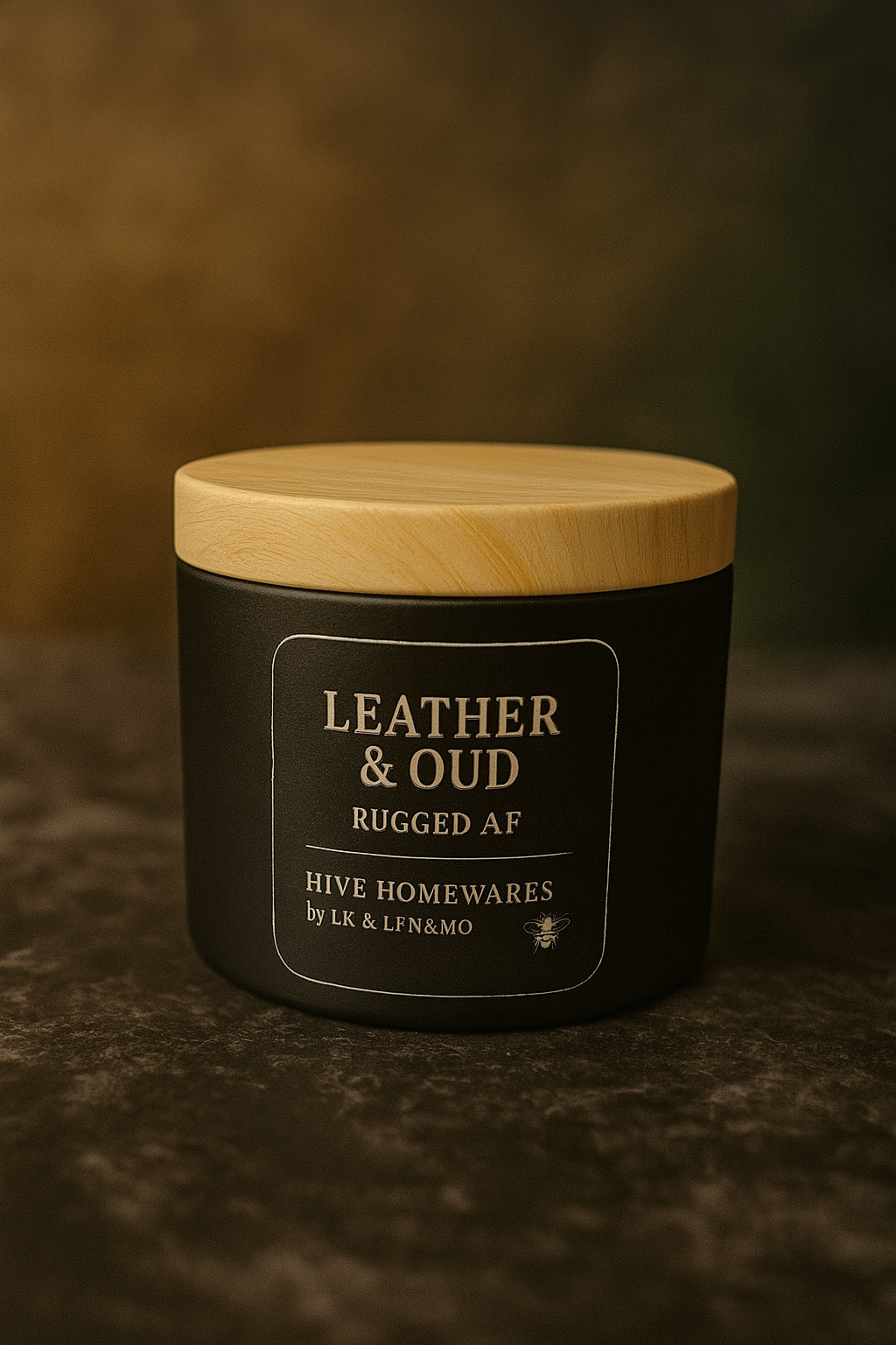Black candle jar with wooden lid labeled 'Leather & Oud' on a dark background