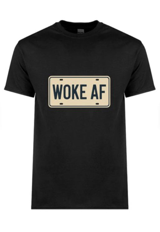 Black t-shirt with 'Woke AF' graphic on a white background
