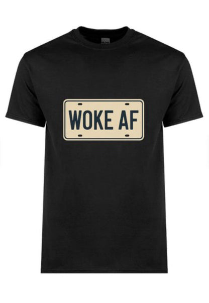 Black t-shirt with 'Woke AF' graphic on a white background