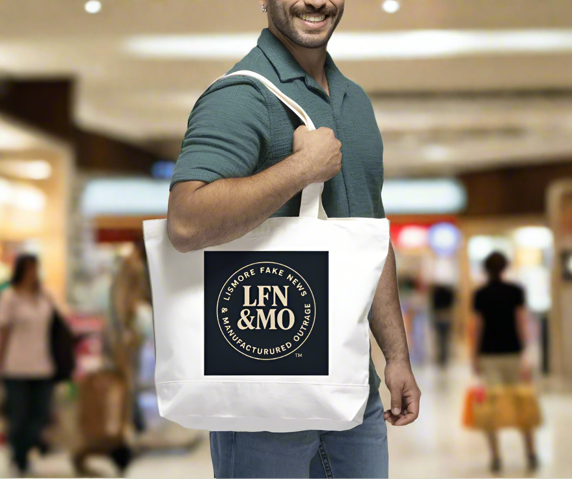 Man holding a white tote bag with a logo and text on a white background
