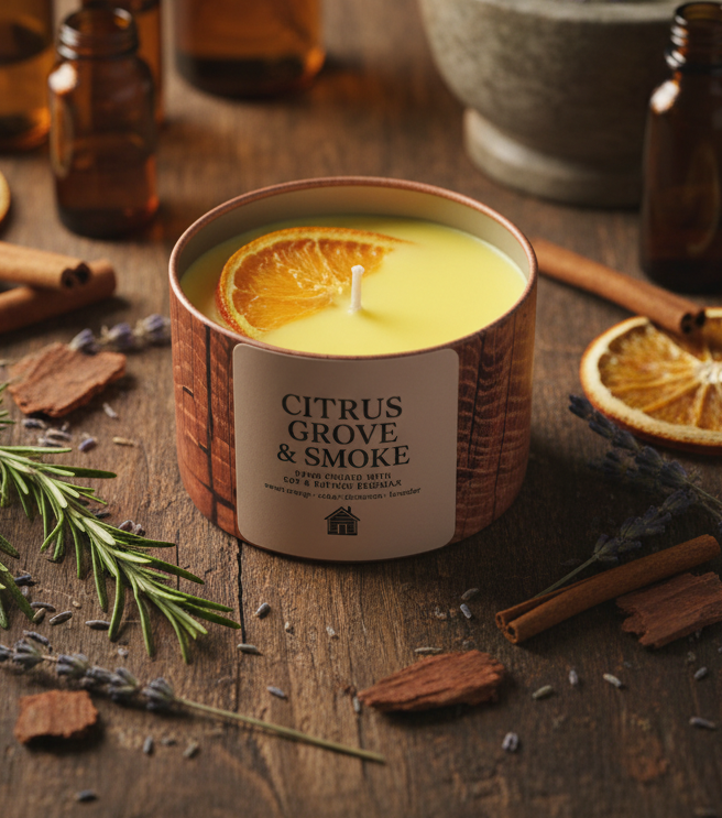 CITRUS GROVE & SMOKE

Fragrance profile: Sweet Orange · Cedar · Cinnamon · Lavender
Hand-poured with soy & refined beeswax