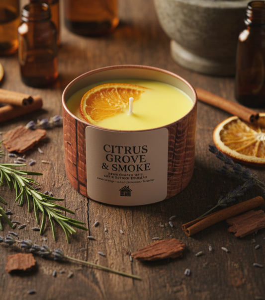 CITRUS GROVE & SMOKE

Fragrance profile: Sweet Orange · Cedar · Cinnamon · Lavender
Hand-poured with soy & refined beeswax