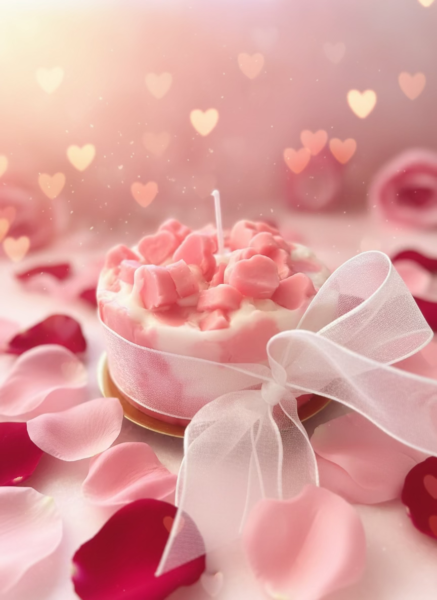 Pink floral candle in a white mesh bag on a patterned surface
