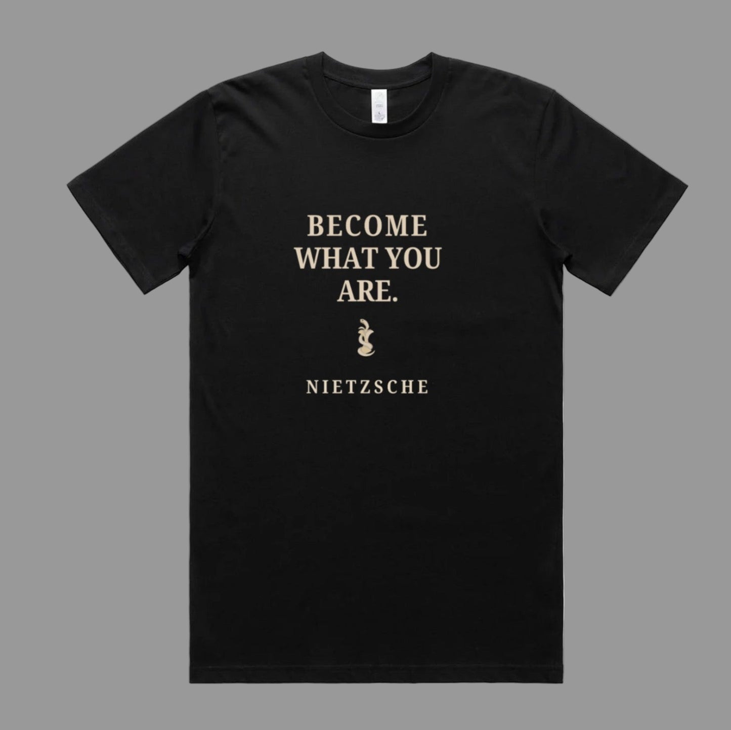 Black t-shirt with Nietzsche quote on a white background