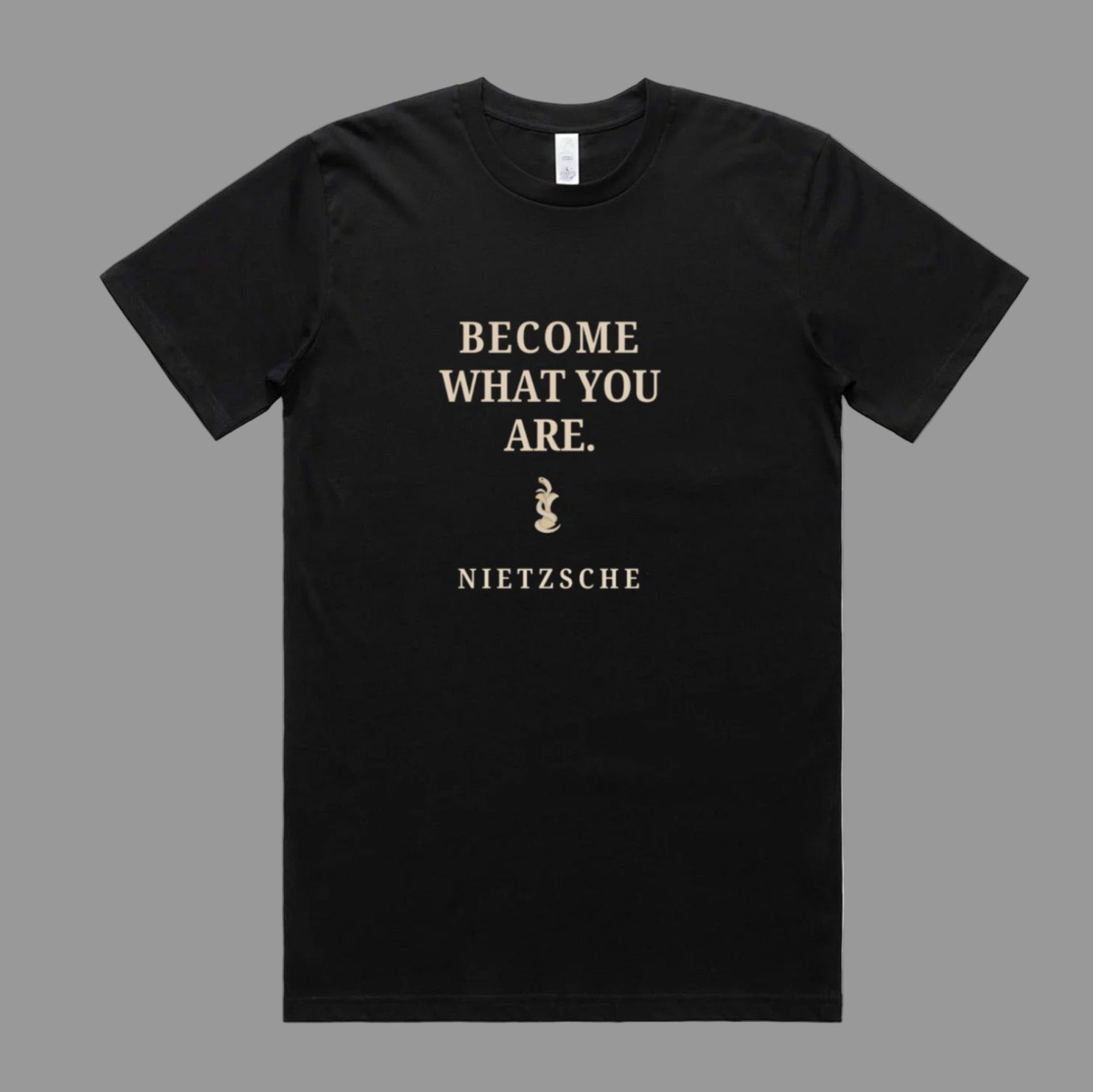 Black t-shirt with Nietzsche quote on a white background