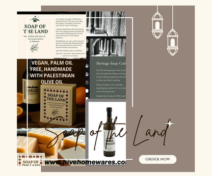 Hand-cut olive oil soap from Nablus, Palestine. Vegan and palm-oil free, made using traditional methods with locally grown olives. Sold by Hive Homewares to support Palestinian farmers and ethical self-care