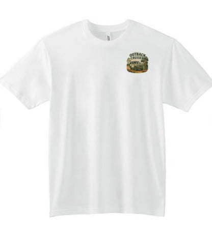 White t-shirt with Outback Land Cruiser logo on a white background
