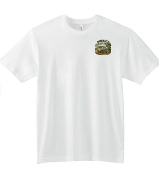 White t-shirt with Outback Land Cruiser logo on a white background