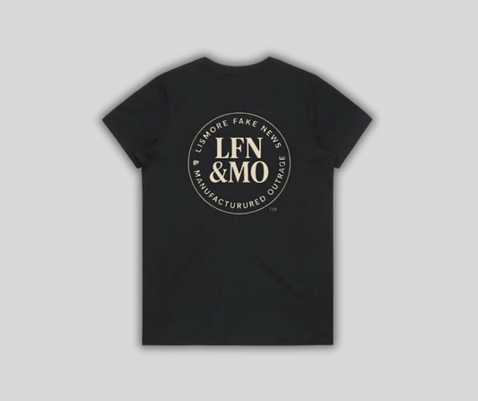 Black t-shirt with 'LFN & MO' logo on a gray background