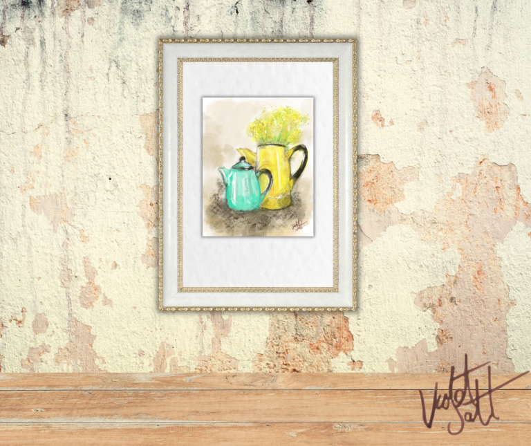 Framed artwork of teapots on a textured wall with a wooden shelf below.