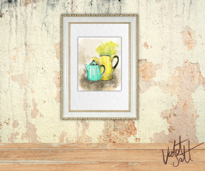 Framed artwork of teapots on a textured wall with a wooden shelf below.