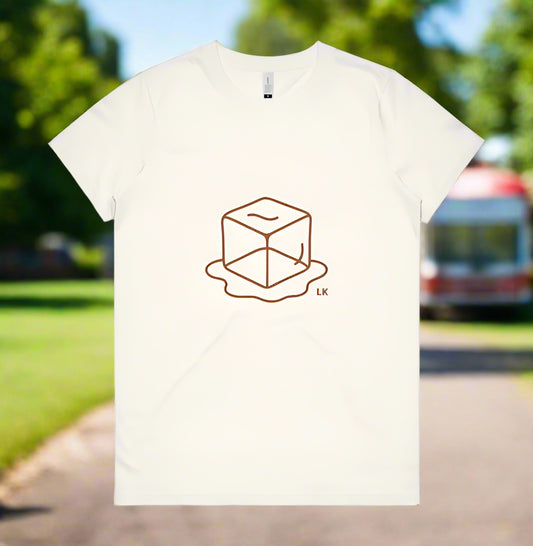 White t-shirt with a brown geometric design on a white background