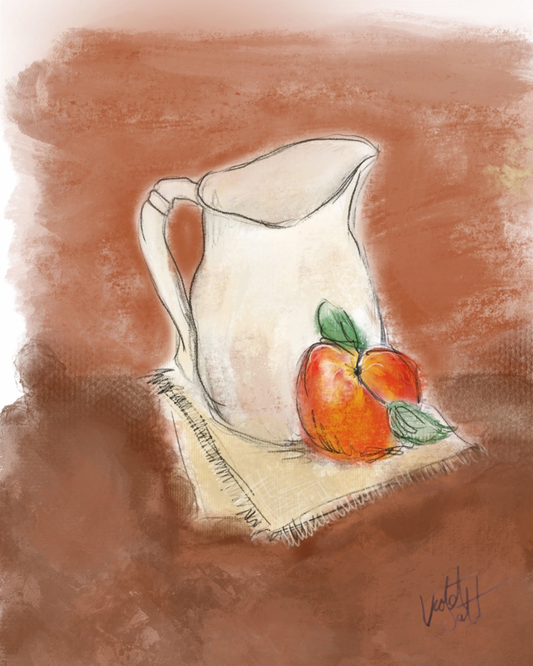 Illustration of a white pitcher with an apple and leaf on a brown background