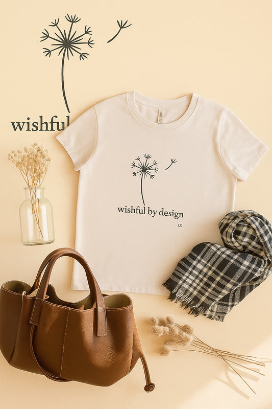 White t-shirt with dandelion design and text, brown handbag, plaid scarf, and dried plants on a beige background.