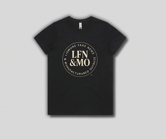 Black t-shirt with 'LFN & MO' logo on a gray background